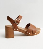 New Look Tan Leather-Look Stud Embellished Block Heel Sandals
